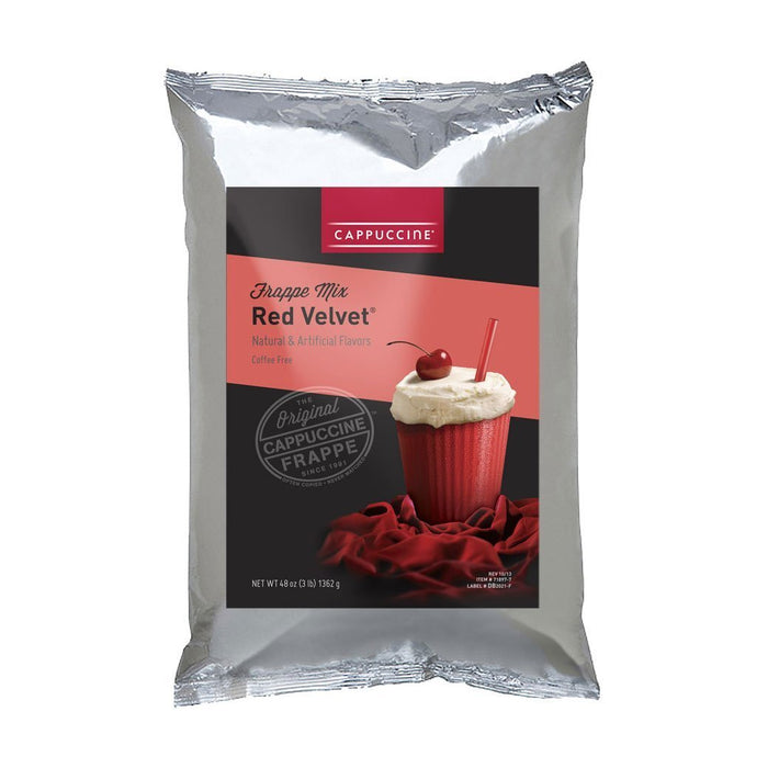 Front view of Cappuccine Blended Coffee Frappe Mix Red Velvet displayed on a white background