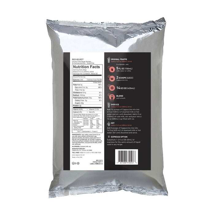 Back view of Cappuccine Blended Coffee Frappe Mix Red Velvet with nutrition facts displayed on a white background