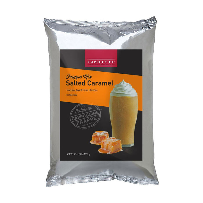 A package of Cappuccine Salted Caramel frappe mix with an image of a prepared beverage and caramel pieces on the front.