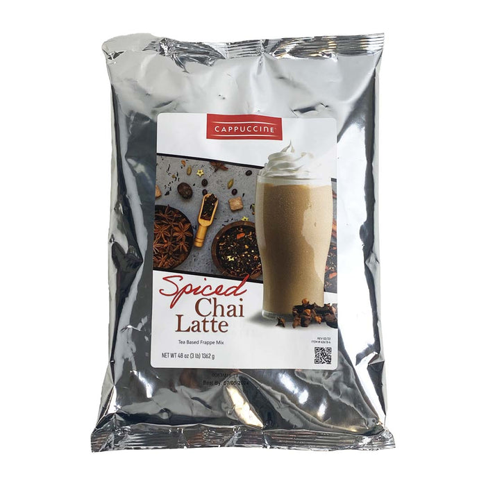 Front side of spiced chai latte Cappuccine packaging displayed on a white background
