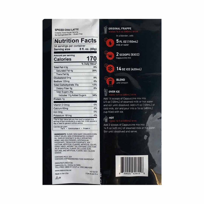 Back side of spiced chai latte Cappuccine with nutrition facts displayed on a white background