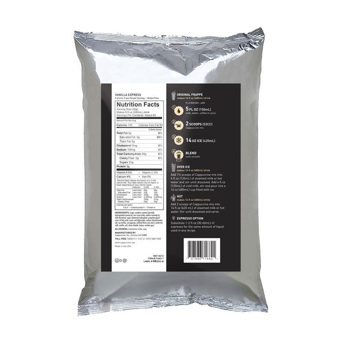 Back view of Cappuccine Frappe Mix Vanilla Express with nutrition facts displayed on a white background