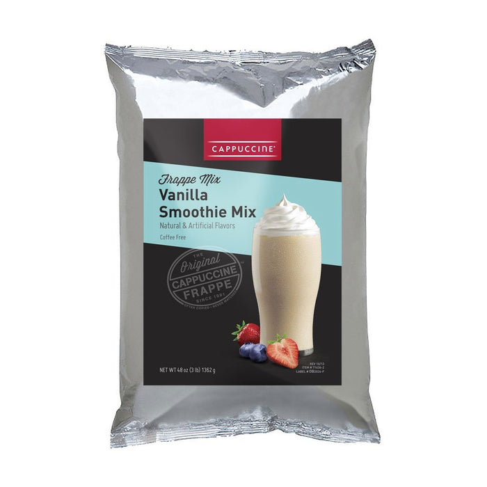 Front view of Cappuccine Frappe Mix Vanilla Smoothie Mix displayed on a white background