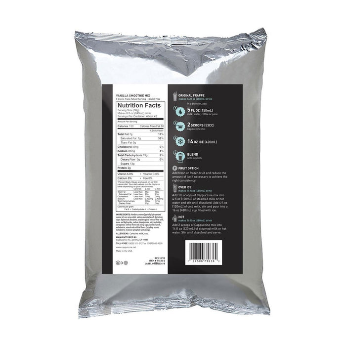 Back view of Cappuccine Blended Coffee Frappe Mix Vanilla Smoothie Mix with nutrition facts displayed on a white background