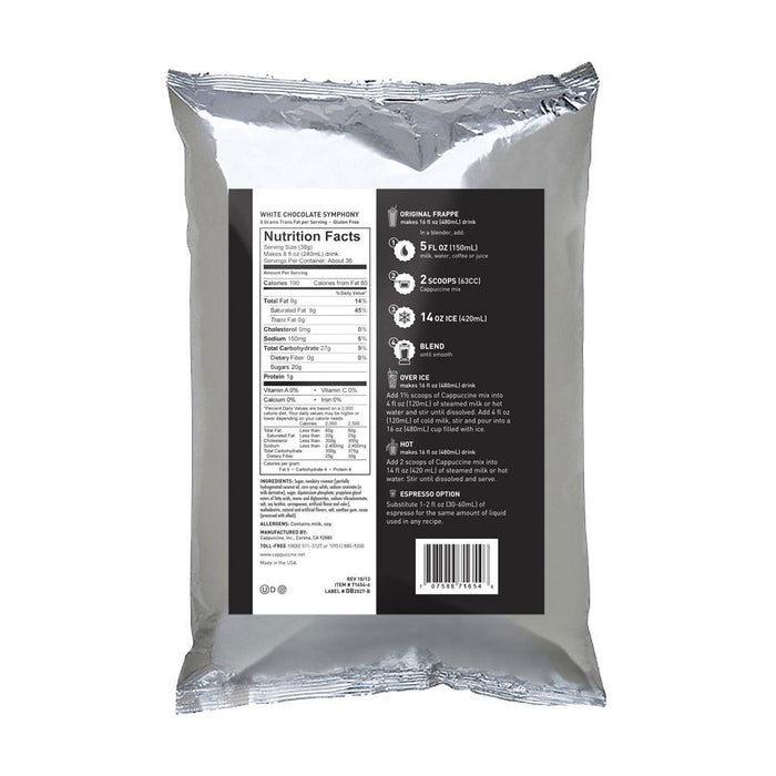 Back view of Cappuccine Frappe Mix White Chocolate Symphony bag with nutrition facts displayed on a white background