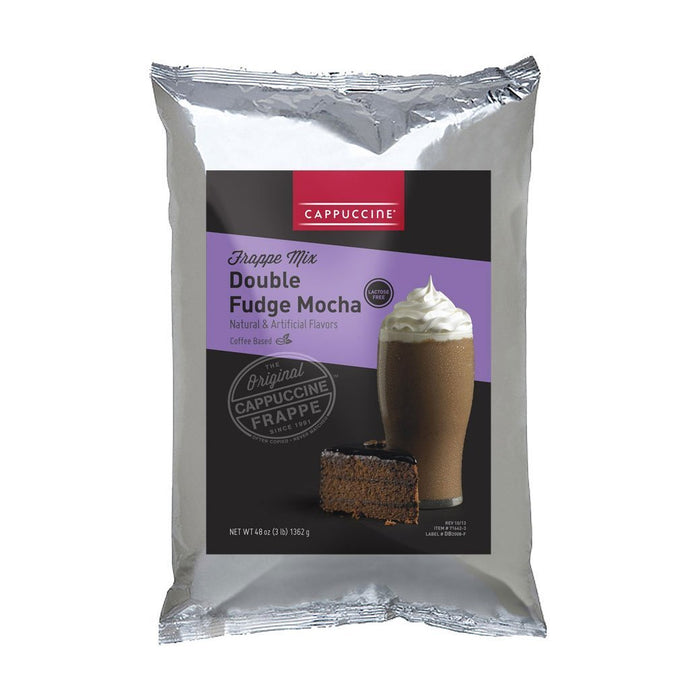 Front view of Cappuccine Blended Coffee Frappe Mix Double Fudge Mocha bag displayed on a white background