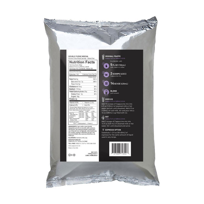 Back view of Cappuccine Ice Coffee Frappe Mix Double Fudge Mocha with nutrition facts displayed on a white background