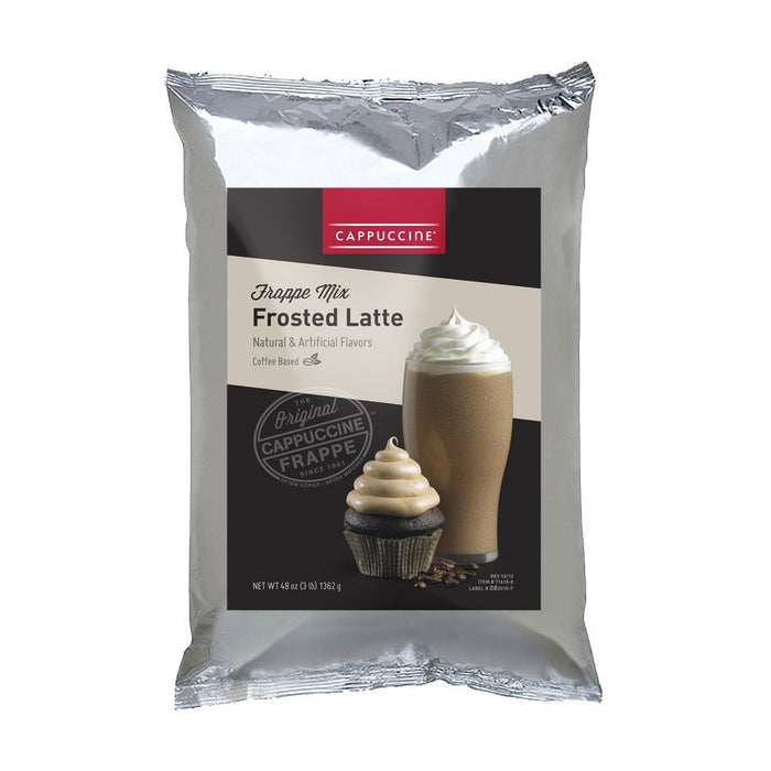Front view of Cappuccine Ice Coffee Frappe Mix Frosted Latte displayed on a white background