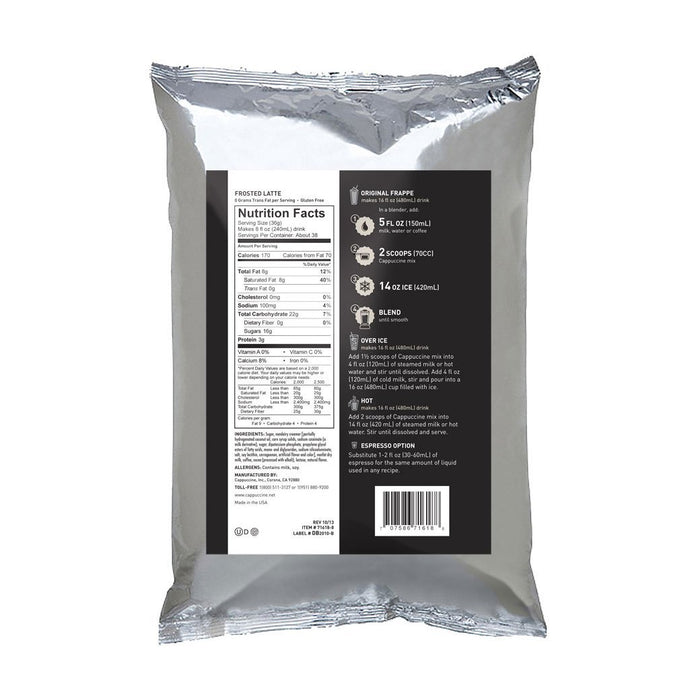 Back view of Cappuccine Ice Coffee Frappe Mix Frosted Latte with nutrition facts displayed on a white background