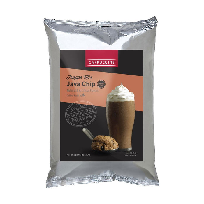 Front view of Cappuccine Ice Coffee Frappe Mix Java Chip displayed on a white background
