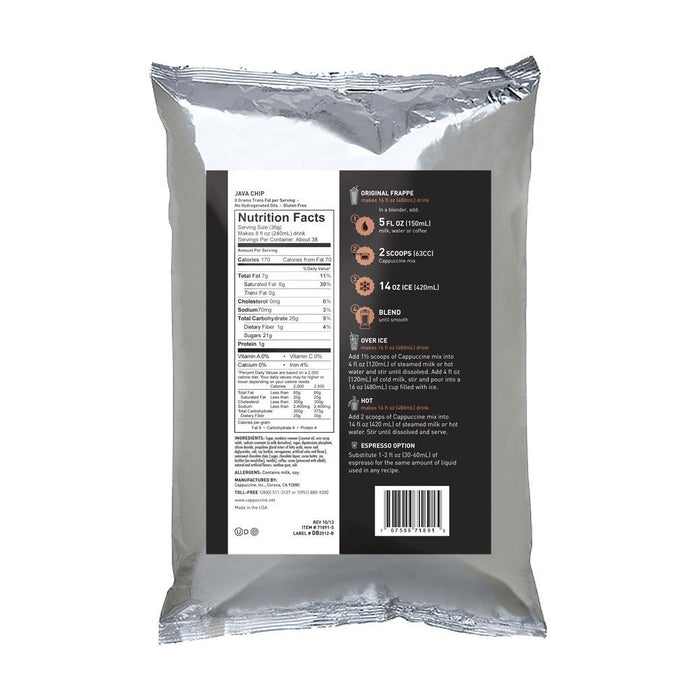Back view of Cappuccine Ice Coffee Frappe Mix Java Chip with nutrition facts displayed on a white background