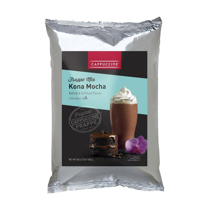 Front view of Cappuccine Blended Coffee Frappe Mix Kona Mocha displayed on a white background