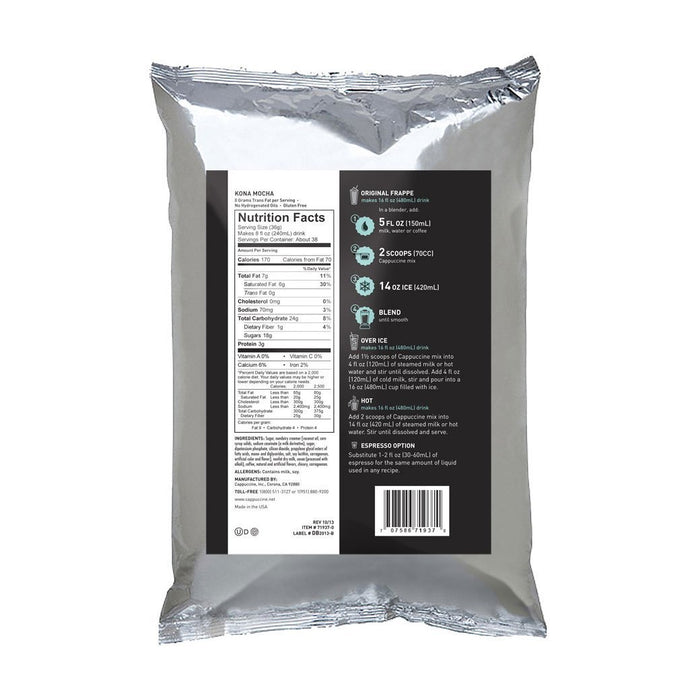 Back view of Cappuccine Blended Coffee Frappe Mix Kona Mocha with nutrition facts displayed on a white background