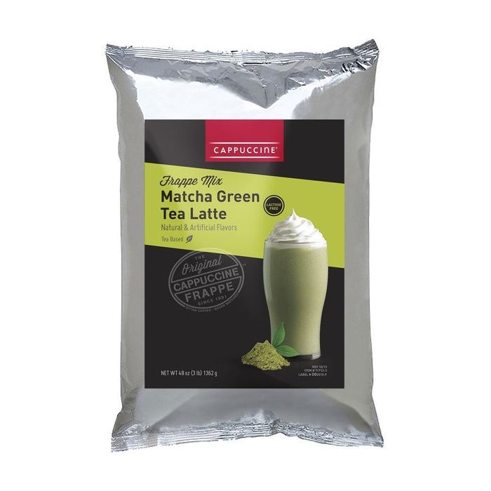 Front view of Cappuccine Blended Creme Frappe Mix Matcha Green Tea Latte bag displayed on a white background