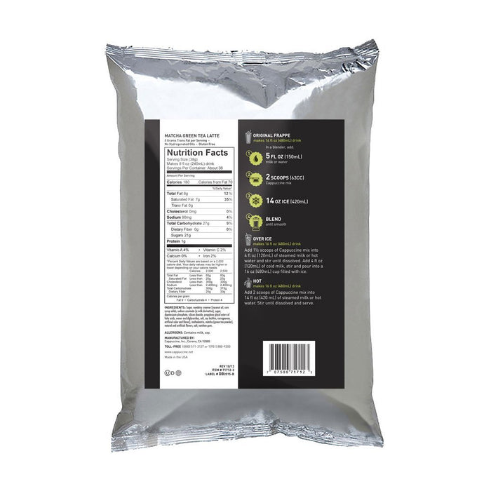 Back view of Cappuccine Blended Creme Frappe Mix Matcha Green Tea Latte with nutrition facts displayed on a white background