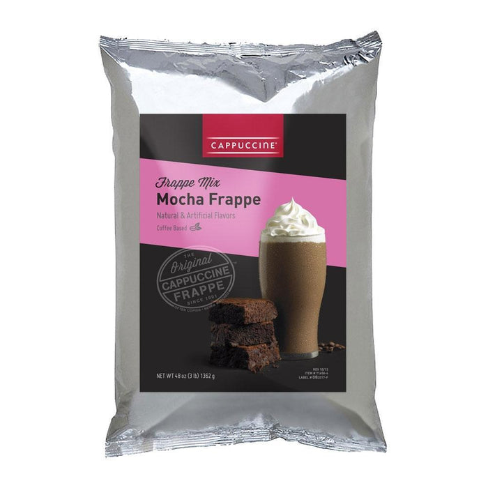 FRont view of Cappuccine Blended Coffee Frappe Mix Mocha Frappe bag displayed on a white background