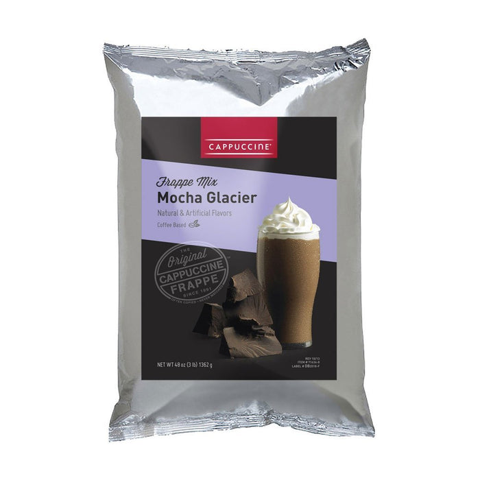 Front view of Cappuccine Blended Coffee Frappe Mix Mocha Glacier displayed on a white background