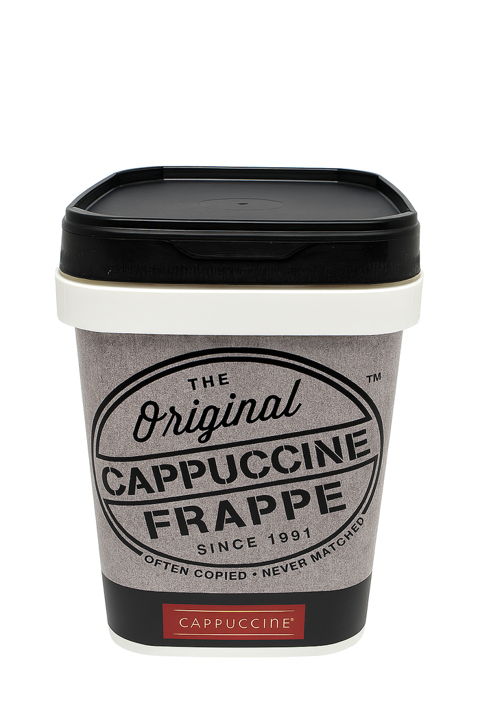 Cappuccino frappe tub with black lid and branding on a white background