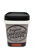 Cappuccino frappe tub with black lid and branding on a white background
