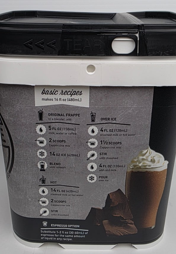 Cappuccine drink mix tub with recipe instructions on the side