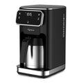 Black and silver coffee maker with digital display on a white background