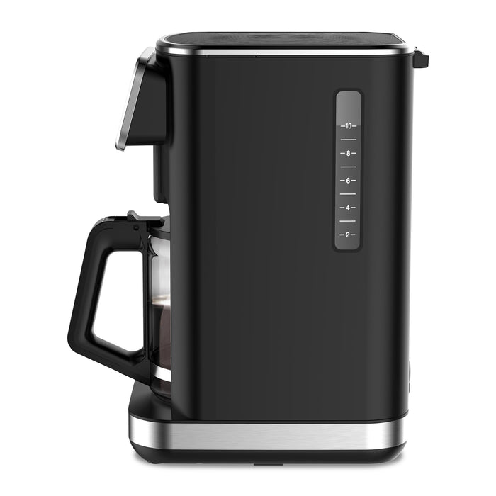 Black coffee maker with a clear glass carafe on a white background