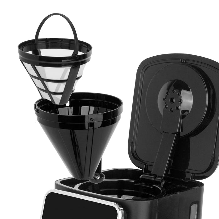 Black coffee maker with a filter basket on a white background
