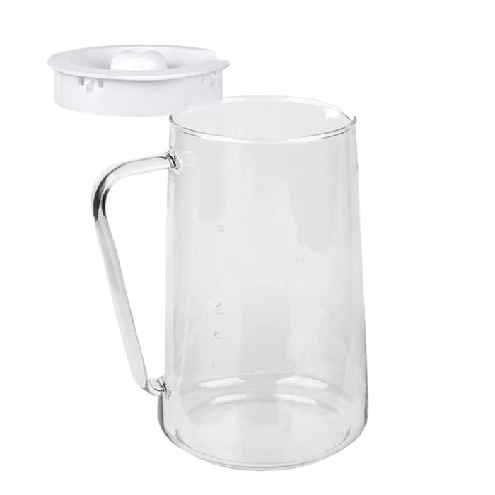 80 oz Capresso glass iced tea pitcher with white lid displayed on a white background