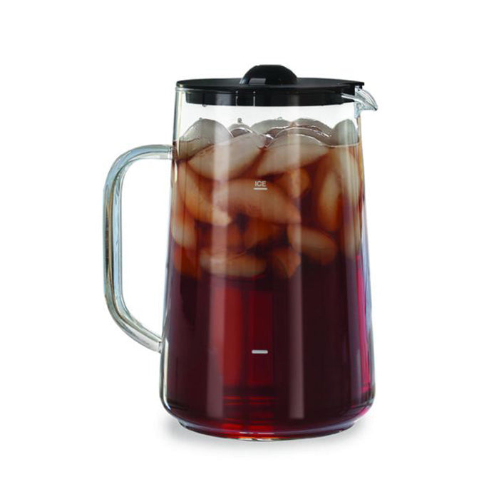 80 oz Capresso glass iced tea pitcher with black lid filled with iced tea displayed on a white background