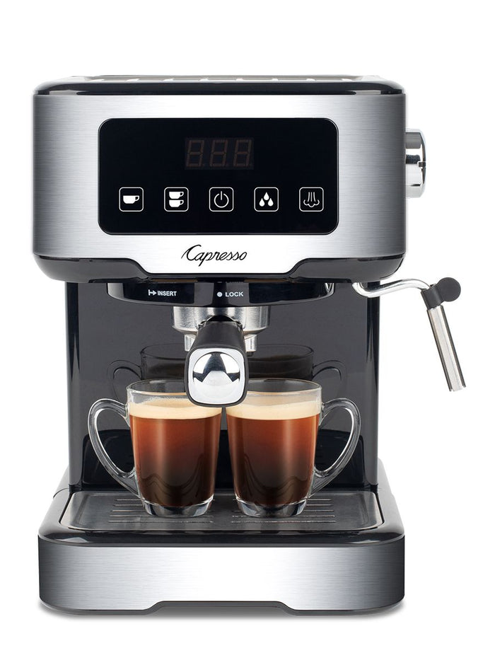 Front view of Capresso espresso machine with two cups of coffee on a white background