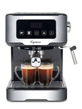 Front view of Capresso espresso machine with two cups of coffee on a white background