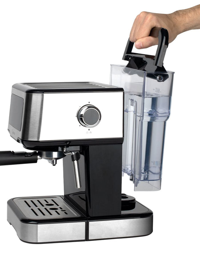 Side view of someone lifting water filled water tank for Capresso coffee machine displayed on a white background