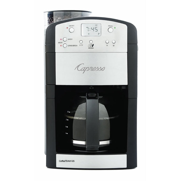 Front view of black Capresso CoffeeTEAM GS 10 Cup Coffee Maker displayed on a white background