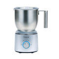 A stainless steel electric milk frother with a brushed metal bowl, a side handle, and a matching silver base featuring a blue-accented dial, shown on a solid white background.