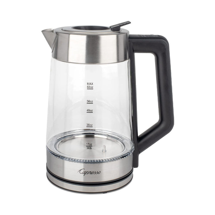 68 oz Capresso h20 glass electric kettle displayed on a white background