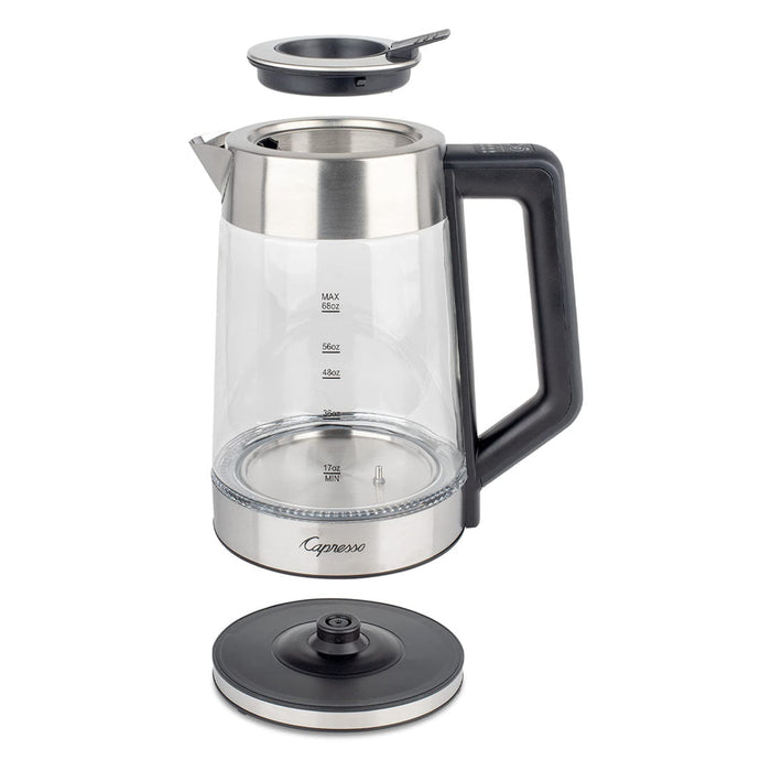 68 oz Capresso h20 glass electric kettle parts apart displayed on a white background