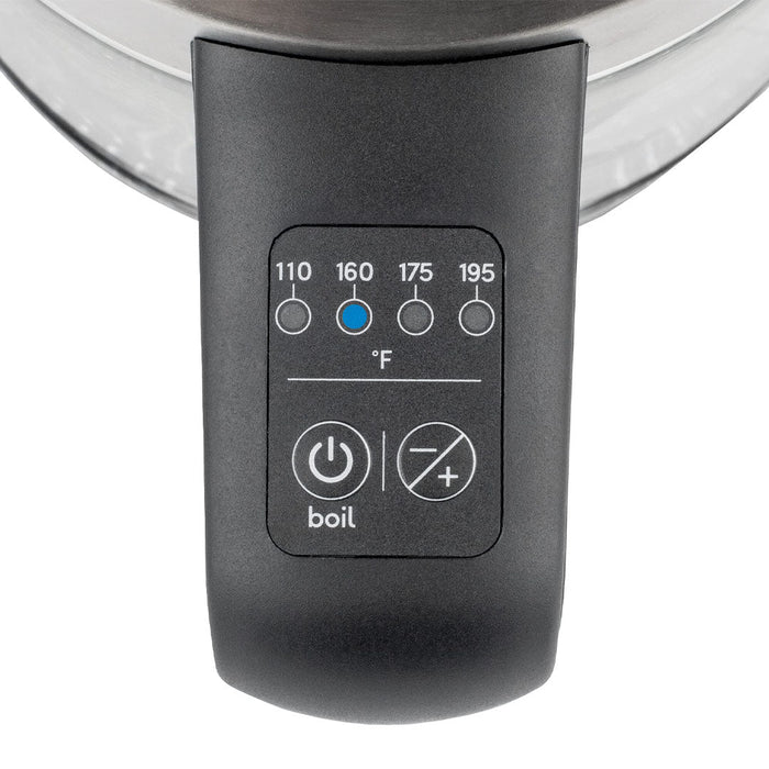 Close up of control buttons on handle of 68 oz Capresso h20 glass electric kettle displayed on a white background