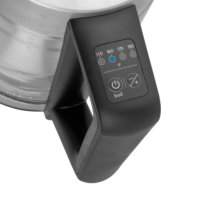 Close up of control buttons on handle of 68 oz Capresso h20 glass electric kettle displayed on a white background