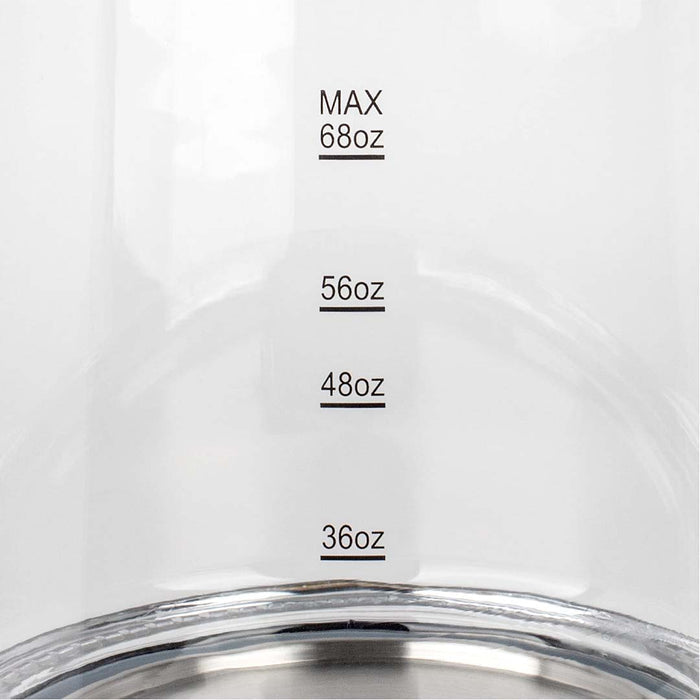 Close up of liquid measurements on 68 oz Capresso h20 glass electric kettle displayed on a white background