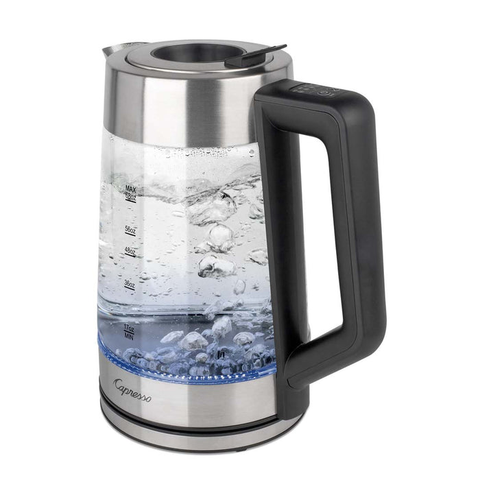 68 oz Capresso h20 glass electric kettle boiling water with color blue displayed on a white background