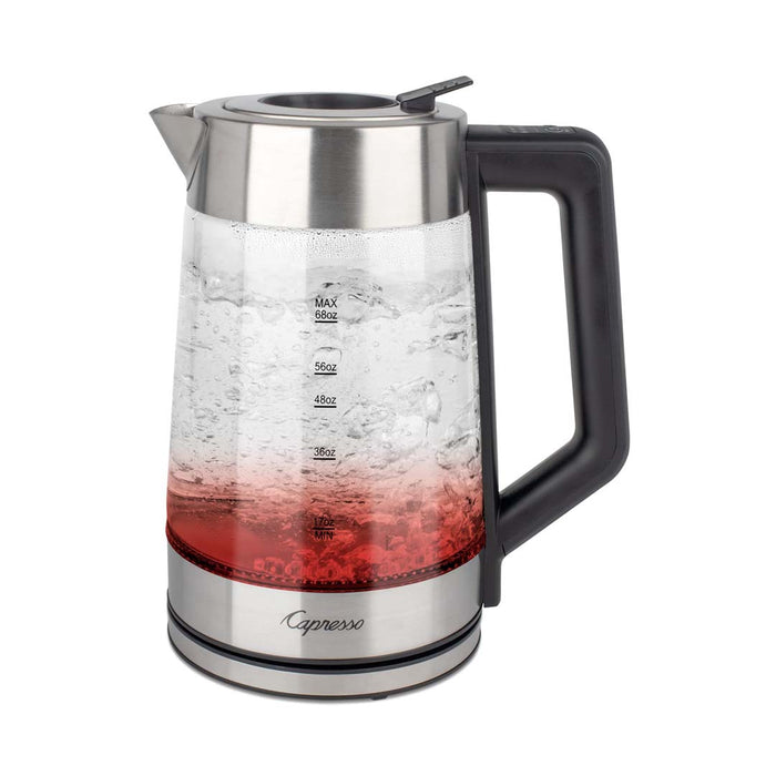 68 oz Capresso h20 glass electric kettle boiling water with a red color displayed on a white background