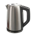 Stainless steel electric kettle with black handle on a white background