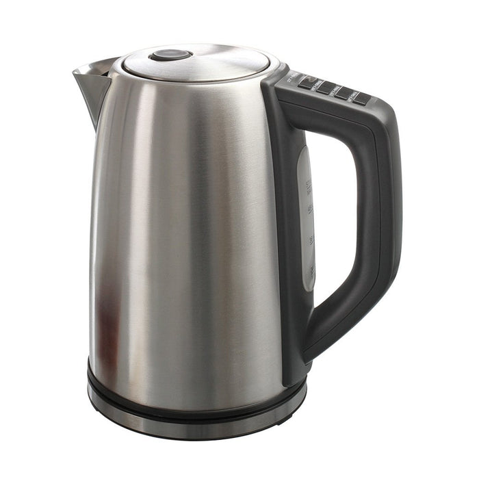Stainless steel electric kettle with black handle on a white background