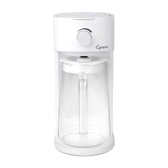 Front view of white Capresso iced tea maker displayed on a white background