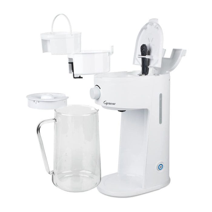 White Capresso iced tea maker with parts being displayed apart on a white background