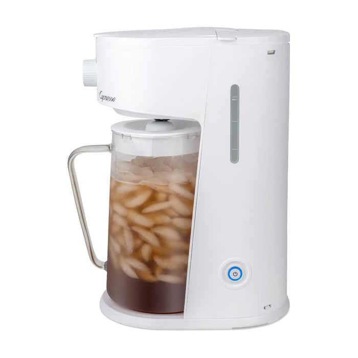 Side view of white Capresso iced tea maker with iced tea container and power button displayed on a white background