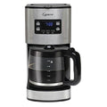 Front view of Capresso SG300 12 Cup Coffee Maker with coffee filled Glass Carafe displayed on a white background