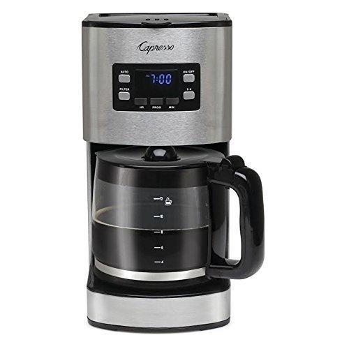 Front view of Capresso SG300 12 Cup Coffee Maker with coffee filled Glass Carafe displayed on a white background