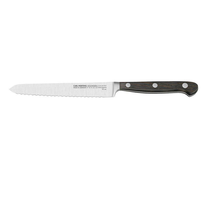 Carl Mertens Country 5″ Serrated Utility Knife displayed horizontally on a white background