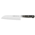 Carl Mertens Country 7″ Hollow Edge Santoku Knife displayed horizontally on a white background